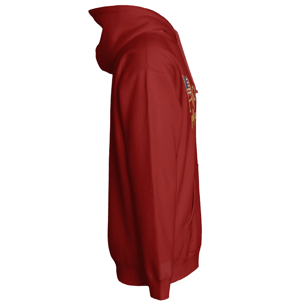 All American Hoodie, 50/50 cotton-poly fleece hoodie with adjustable drawcord, front pouch pocket, and ribbed cuffs, ideal for custom branding.