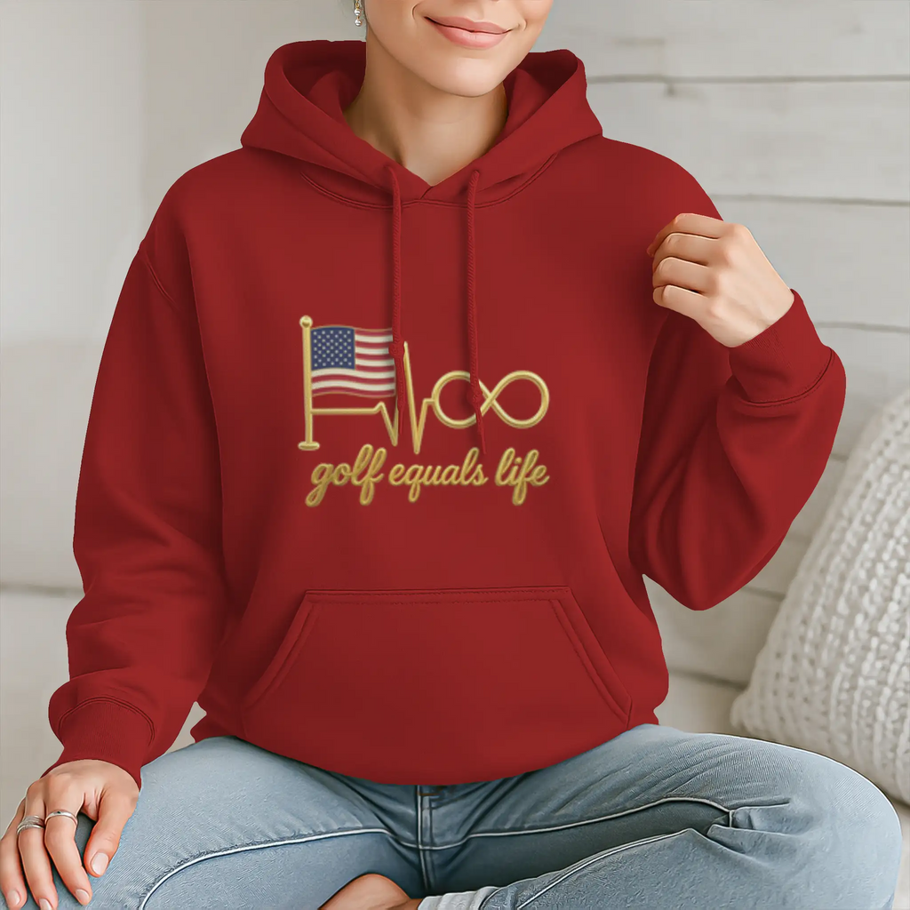 All American Hoodie, 50/50 cotton-poly fleece hoodie with adjustable drawcord, front pouch pocket, and ribbed cuffs, ideal for custom branding.
