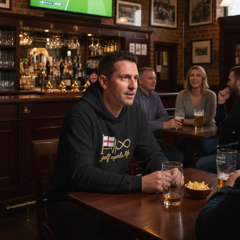 All English Hoodie, 50/50 cotton-poly fleece hoodie with adjustable drawcord, front pouch pocket, and ribbed cuffs, ideal for custom branding.