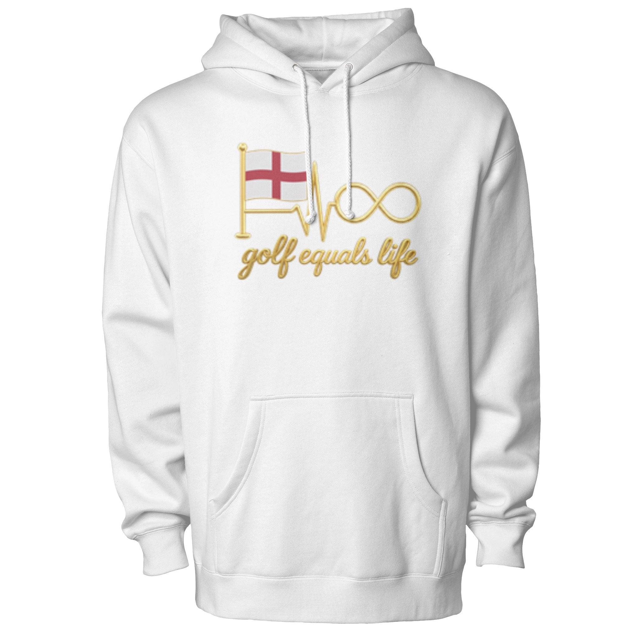 All English Hoodie, 50/50 cotton-poly fleece hoodie with adjustable drawcord, front pouch pocket, and ribbed cuffs, ideal for custom branding.