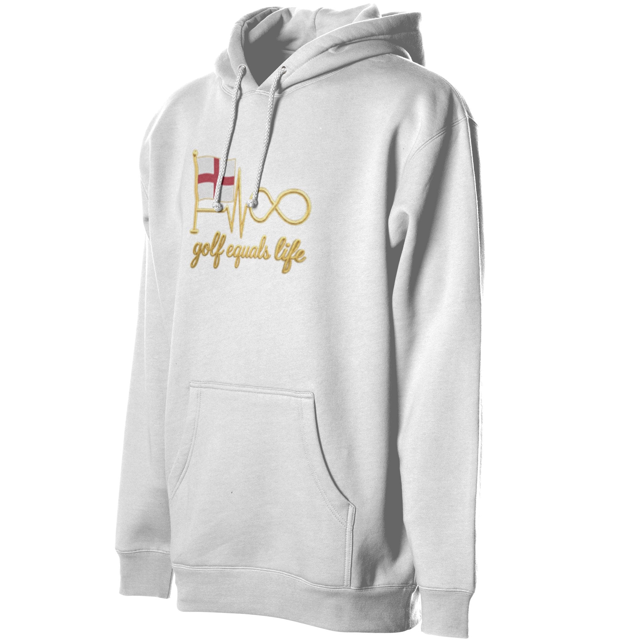 All English Hoodie, 50/50 cotton-poly fleece hoodie with adjustable drawcord, front pouch pocket, and ribbed cuffs, ideal for custom branding.