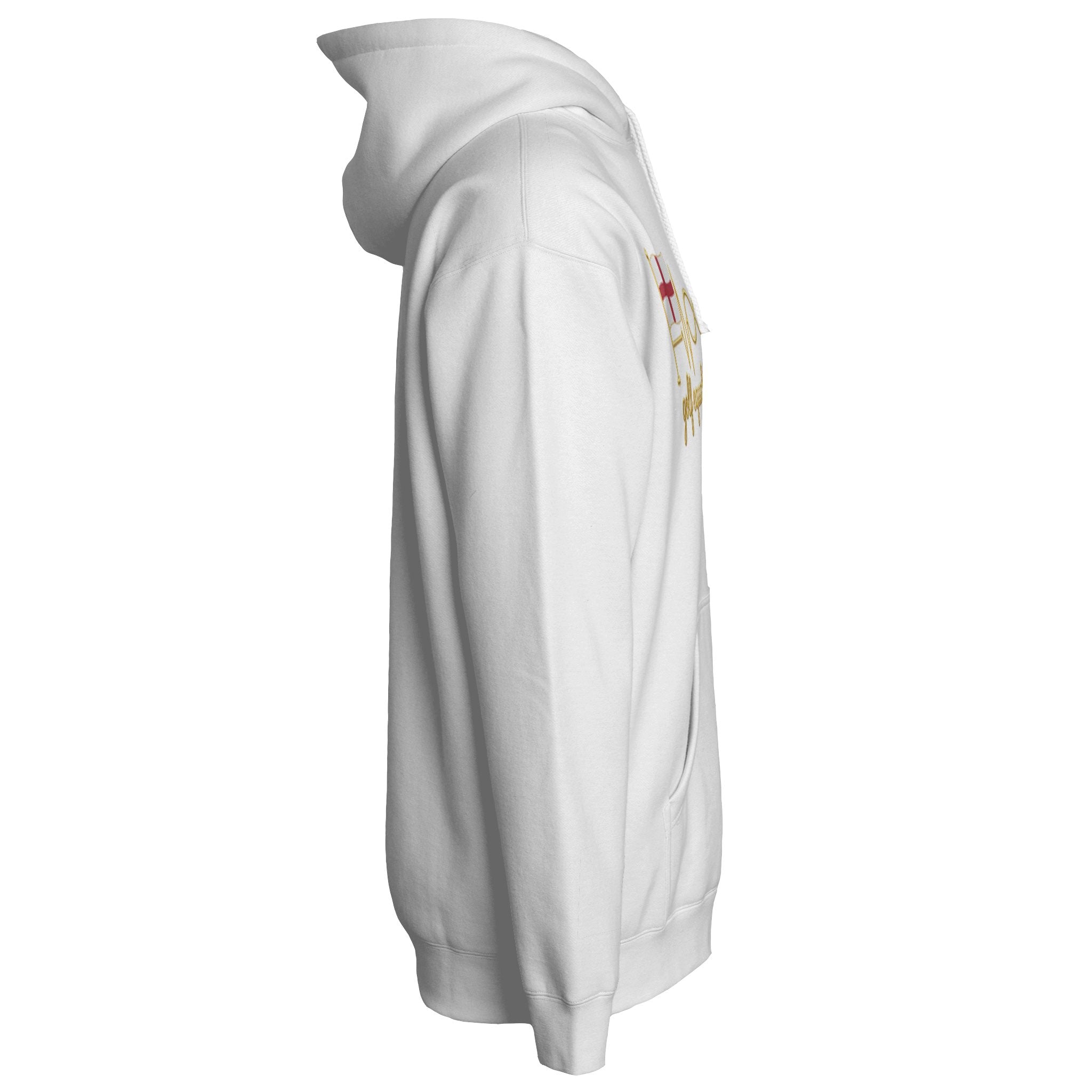 All English Hoodie, 50/50 cotton-poly fleece hoodie with adjustable drawcord, front pouch pocket, and ribbed cuffs, ideal for custom branding.