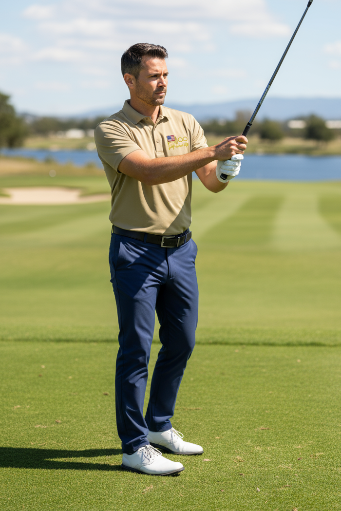 American Heart Performance Polo with print logo, moisture-wicking and snag-resistant fabric, designed for golfers on and off the course.