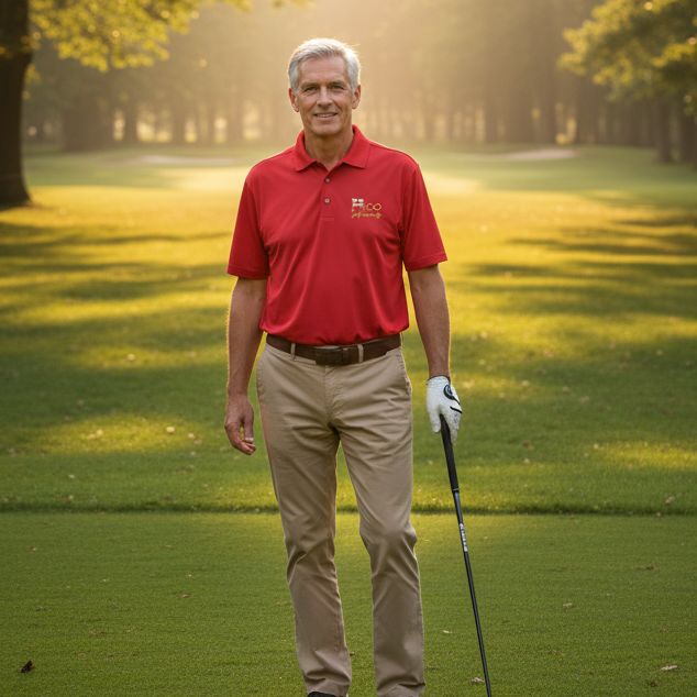 English Heart Performance Polo with print logo, moisture-wicking and snag-esistant fabric, designed for golfers on rand off the course.