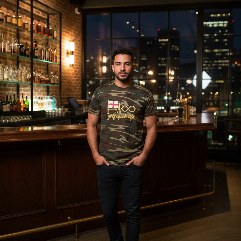 English Pin Hunter Camo Tee, 100% cotton crewneck t-shirt with woodland camouflage design, breathable and durable lifestyle golf shirt.