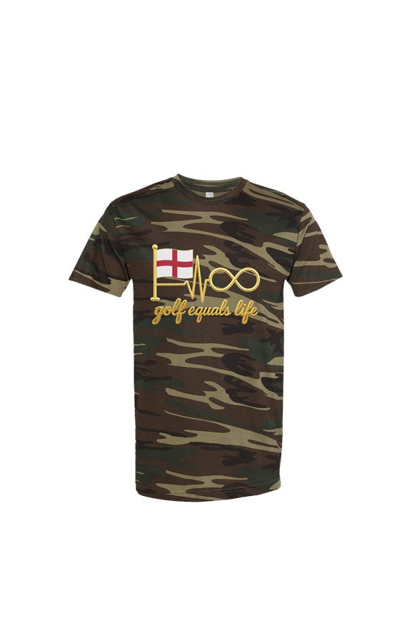 English Pin Hunter Camo Tee, 100% cotton crewneck t-shirt with woodland camouflage design, breathable and durable lifestyle golf shirt.