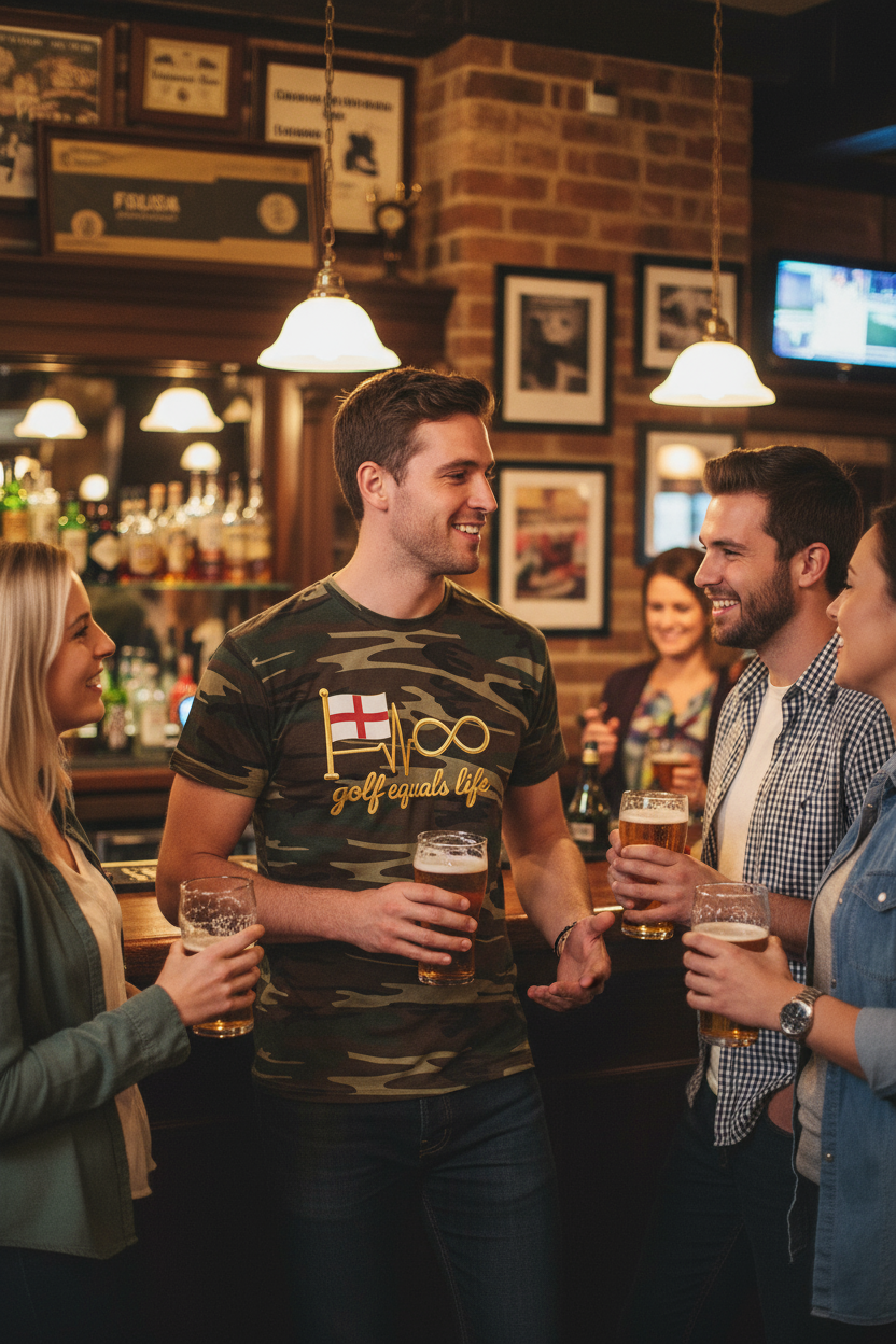 English Pin Hunter Camo Tee, 100% cotton crewneck t-shirt with woodland camouflage design, breathable and durable lifestyle golf shirt.
