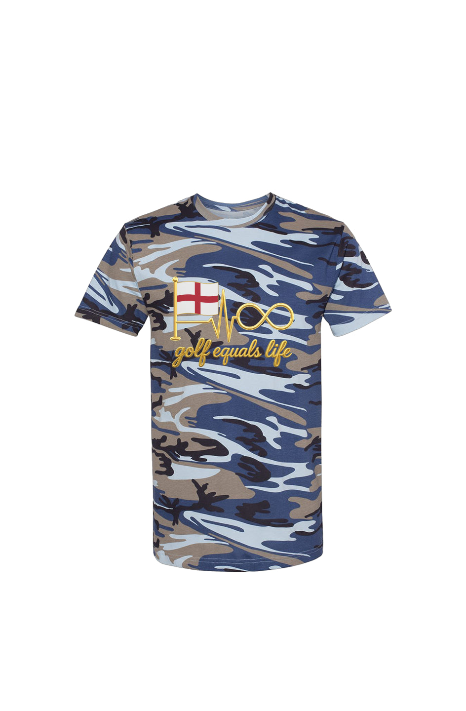 English Pin Hunter Camo Tee, 100% cotton crewneck t-shirt with woodland camouflage design, breathable and durable lifestyle golf shirt.