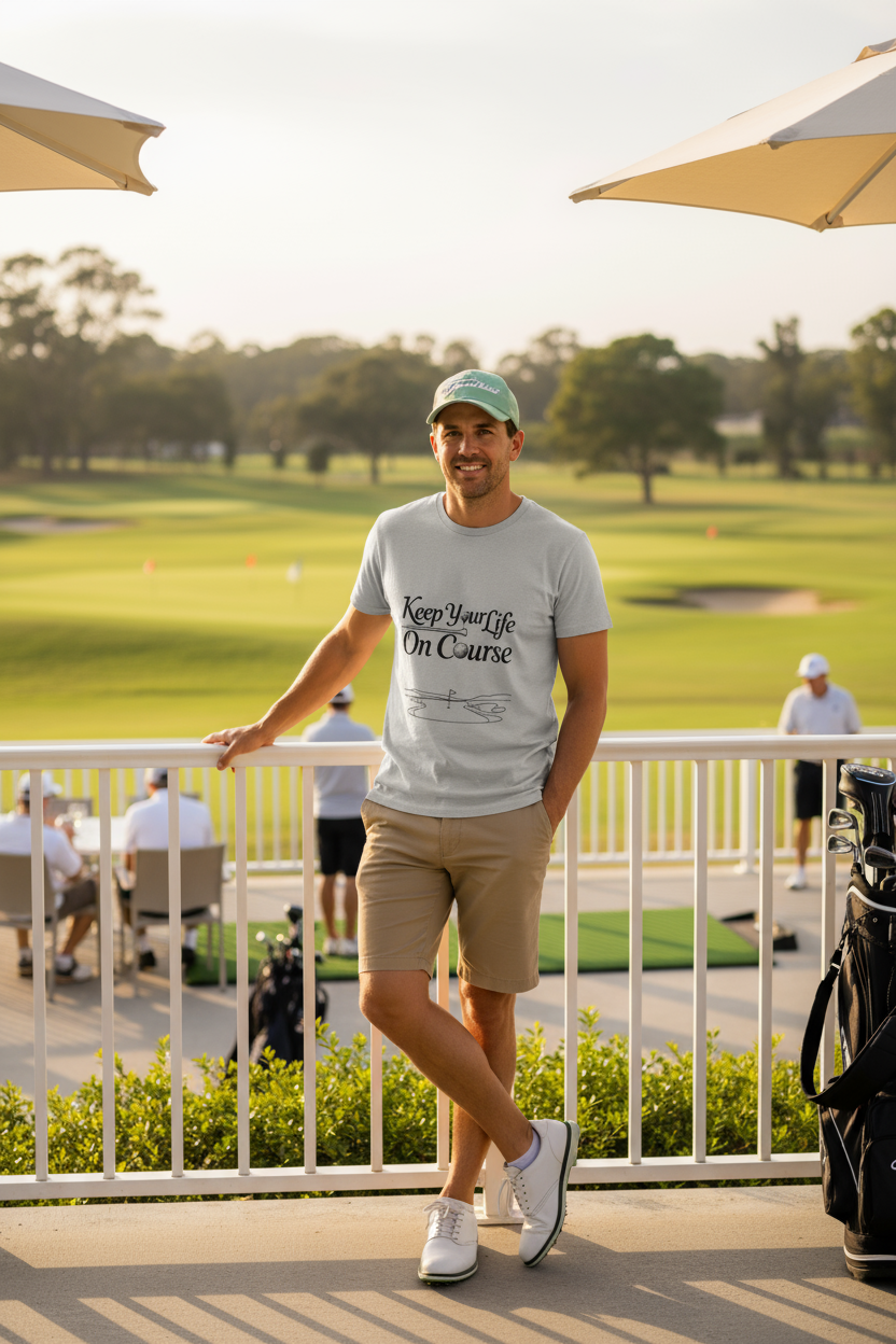 Keep Your Life On Course Classic Tee, 100% cotton crewneck t-shirt with embroidered logo, breathable and versatile everyday golf lifestyle shirt.