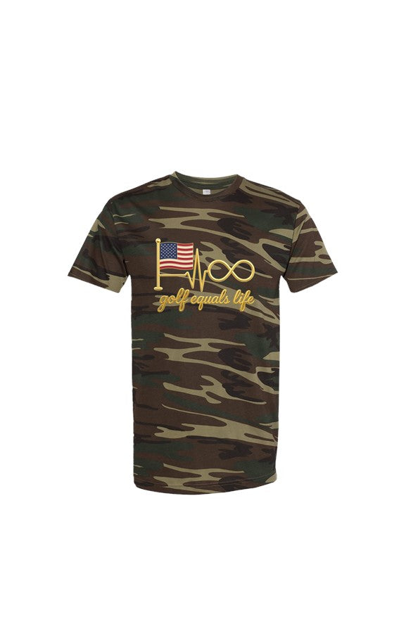 USA Pin Hunter Camo Tee, 100% cotton crewneck t-shirt with woodland camouflage design, breathable and durable lifestyle golf shirt.