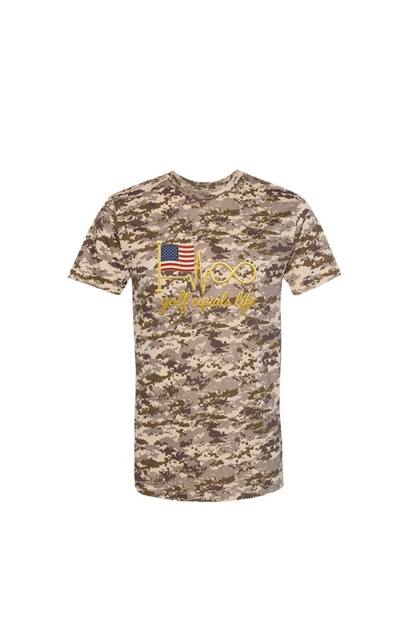 USA Pin Hunter Camo Tee, 100% cotton crewneck t-shirt with woodland camouflage design, breathable and durable lifestyle golf shirt.