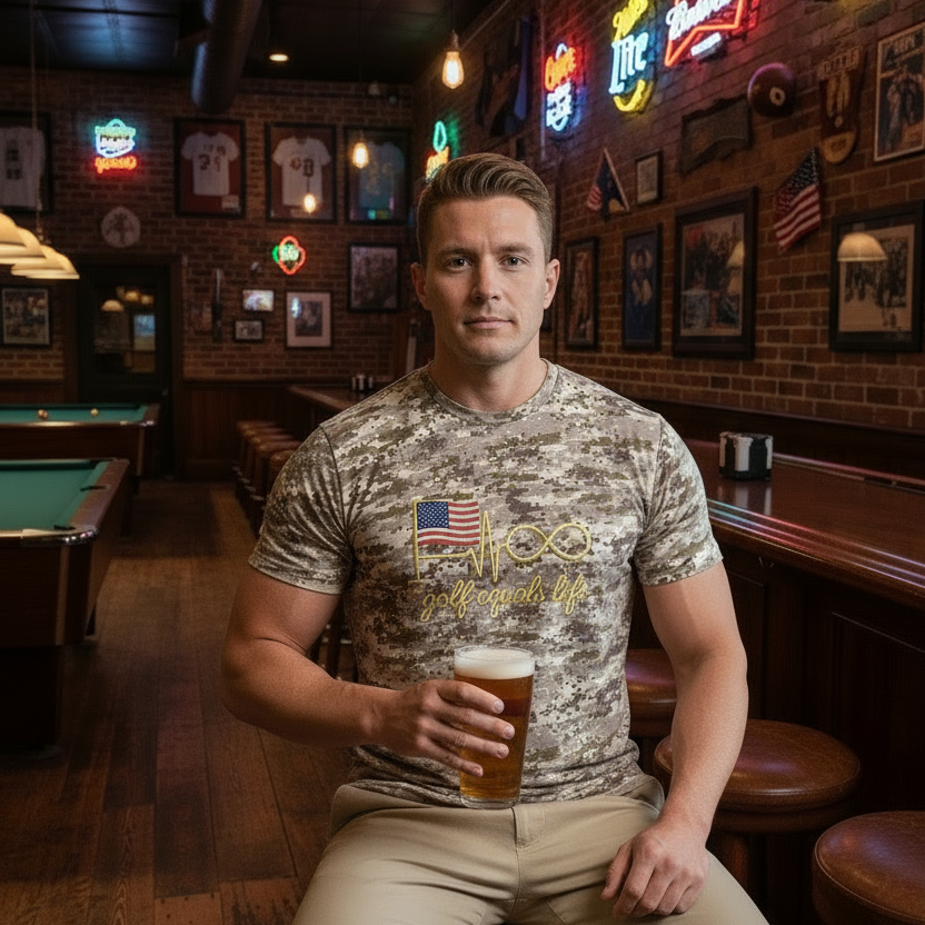 USA Pin Hunter Camo Tee, 100% cotton crewneck t-shirt with woodland camouflage design, breathable and durable lifestyle golf shirt.